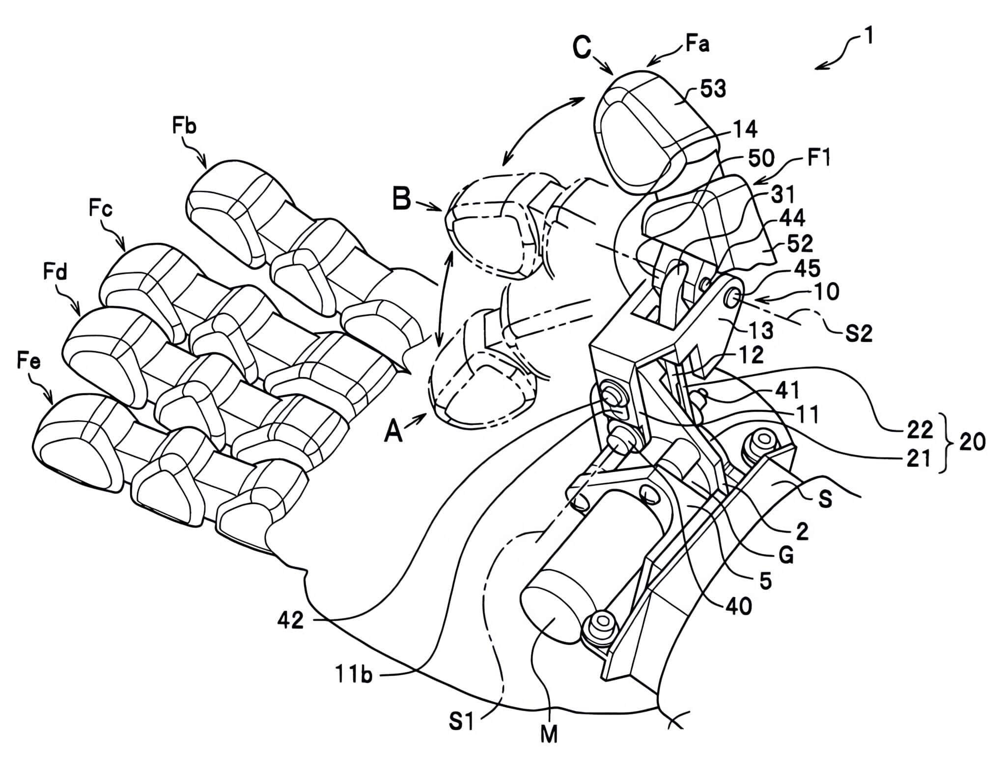 High-precision technical diagram of advanced robotic hand and finger mechanism for prosthetics or robotics applications; detailed annotations and component labels.