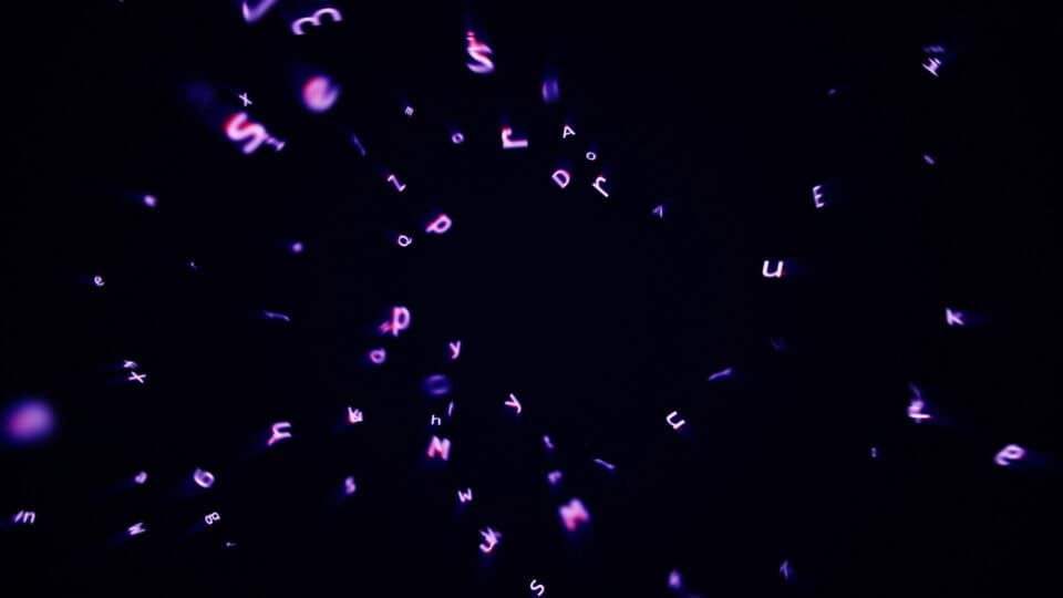 Vibrant purple and pink glowing alphabet letters swirling in dark space, creating a dynamic and futuristic visual effect. Artistic digital image emphasizing creativity and innovation in visual design.