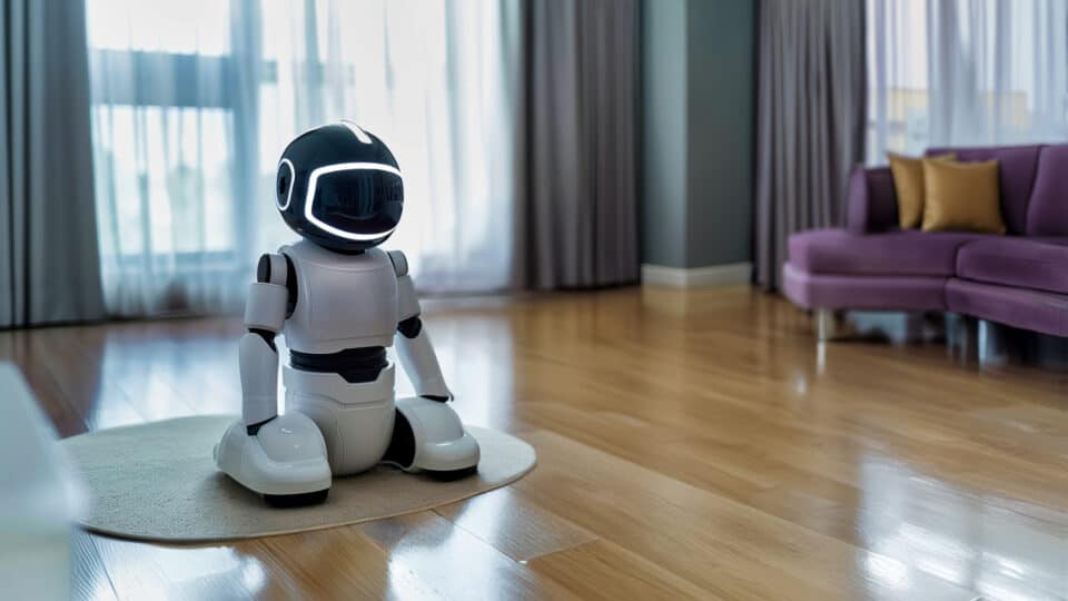 A friendly humanoid robot with a sleek black and white design sitting on a small rug in a modern, stylish living room with purple sofa and natural light streaming through large windows.