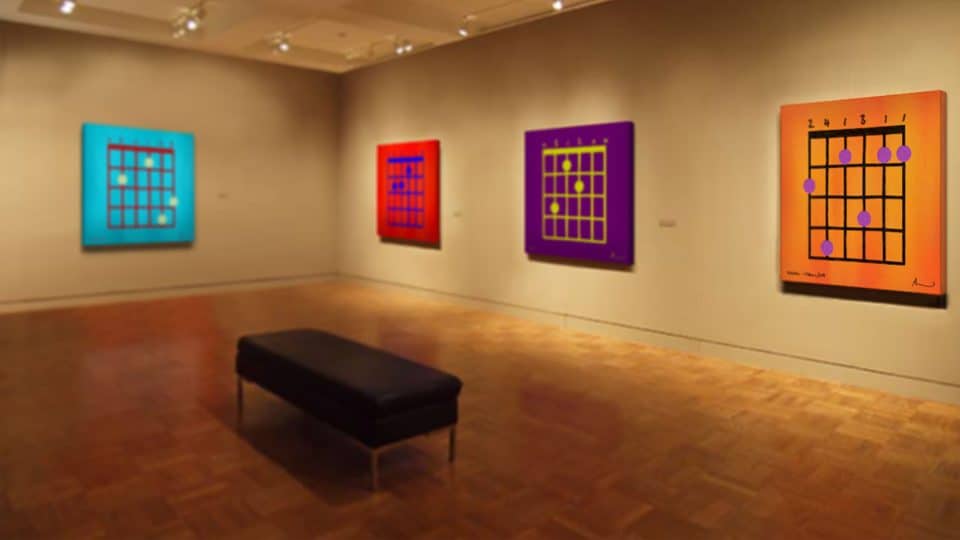 Brightly colored abstract art paintings inspired by chess on display at Andrew von Gregor's contemporary art gallery. Modern geometric artworks with bold hues and patterns, perfect for art collectors and enthusiasts.