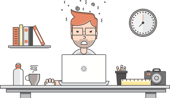 Frustrated man working at a cluttered desk with a laptop, books, clock, camera, and coffee, representing stress or productivity challenges in a modern workspace.